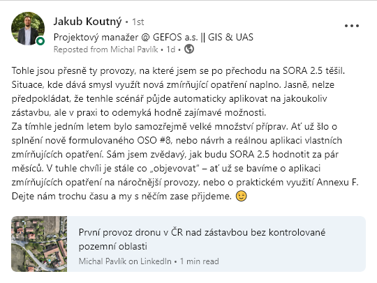 GEFOS má jako první v republice certifikaci podle SORA 2.5